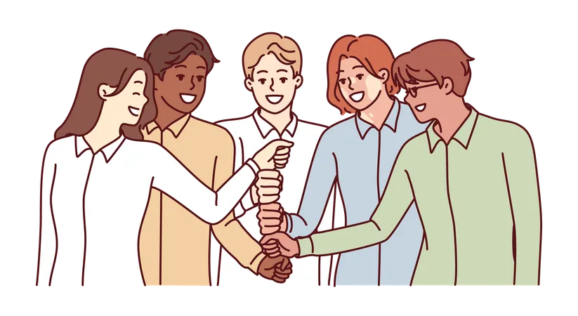 Happy diverse business team of employees celebrating success by building fists tower  Illustration