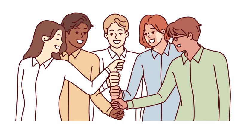 Happy diverse business team of employees celebrating success by building fists tower  Illustration