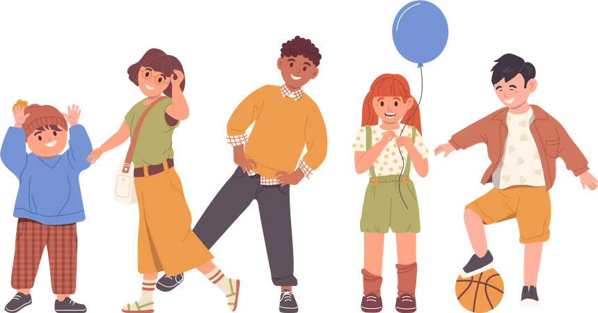 Happy Diverse Children Smiling Feeling Positive Emotion Standing Together In Different Pose Cartoon Set Cute Little Girls And Boys Preschool Or School Characters Enjoy Childhood Vector Illustration Illustration