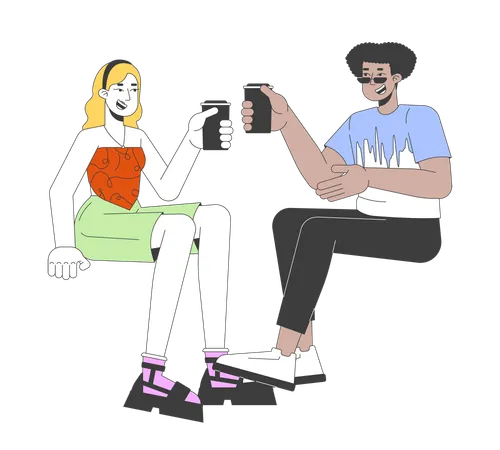 Happy Diverse Couple With Drinks 2 D Linear Cartoon Characters Multiracial Man And Woman Date Isolated Line Vector People White Background Informal Communication Color Flat Spot Illustration Illustration