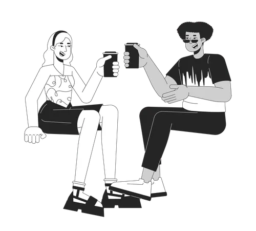 Happy Diverse Couple With Drinks Black And White 2 D Line Cartoon Characters Multiracial Man And Woman Date Isolated Vector Outline People Informal Communication Monochromatic Flat Spot Illustration Illustration