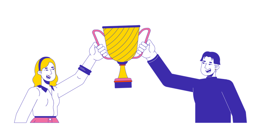 Happy diverse man and woman holding winner cup  Illustration