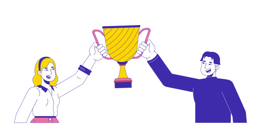 Happy Diverse Man And Woman Holding Winner Cup 2 D Linear Cartoon Characters Joyful Winners With Award Isolated Line Vector People White Background Leadership Color Flat Spot Illustration Illustration