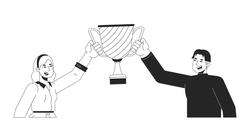 Happy Diverse Man And Woman Holding Winner Cup Black And White 2 D Line Cartoon Characters Joyful Winners With Award Isolated Vector Outline People Leadership Monochromatic Flat Spot Illustration Illustration