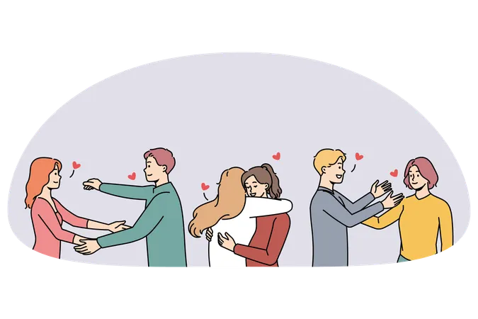 Happy diverse people hugging greeting each other  Illustration