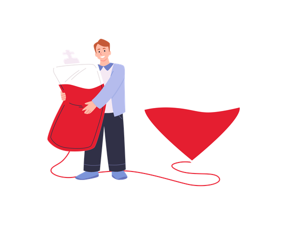 Happy Donor Man Holds In Hands The Blood Bag Heart Bag, Blood Donation Concept, Give Blood Save Life Vector Illustration  Illustration