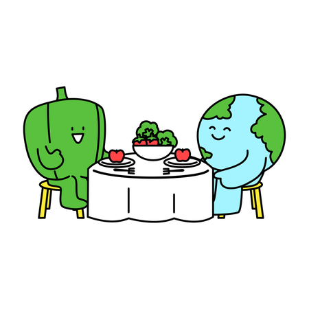 Happy Earth and Bell Pepper Enjoying Meal  Illustration