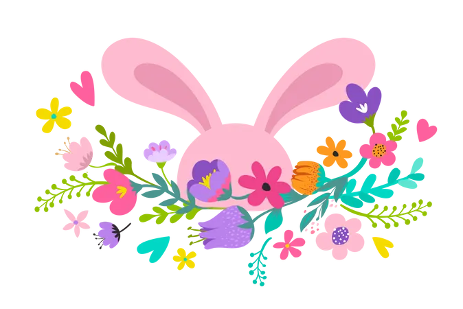 Happy Easter Sweet Bunny With Flowers Design Easter Sale Promotional Banner And Greeting Card Holiday Concept Illustration