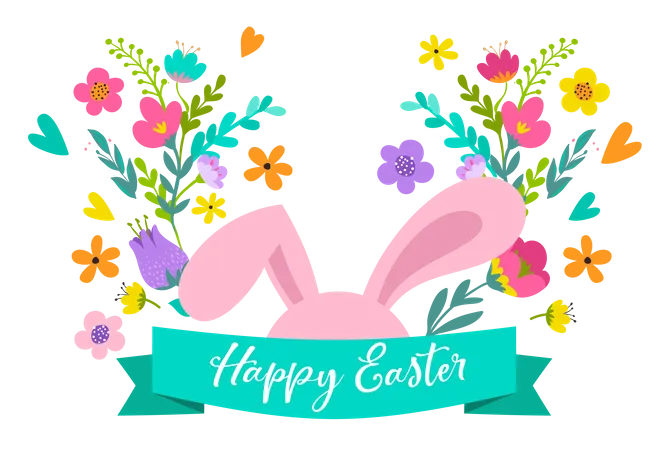 Happy Easter Sweet Bunny With Flowers Design Easter Sale Promotional Banner And Greeting Card Holiday Concept Illustration