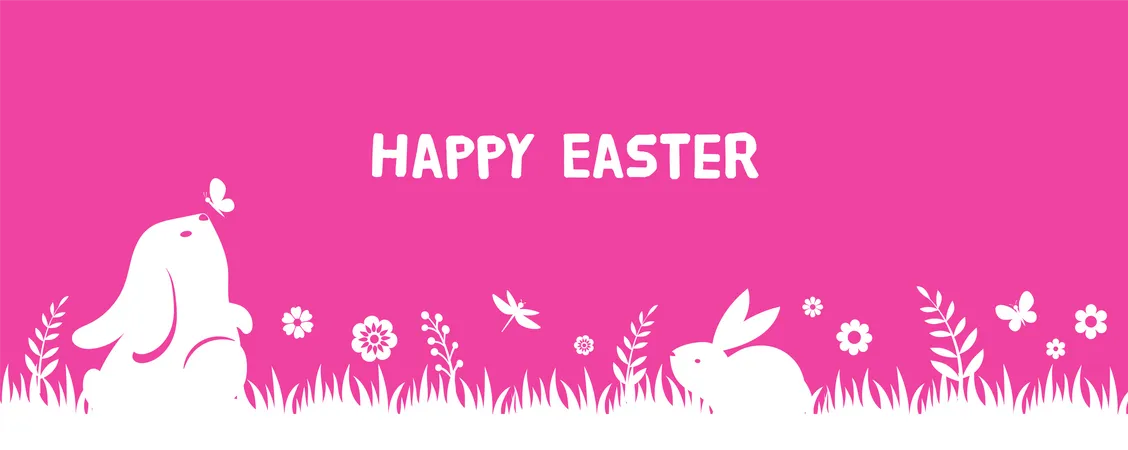 Happy Easter Banner With Bunny Flowers And Eggs Egg Hunt Poster Spring Background Vector Illustration In Modern Style Illustration
