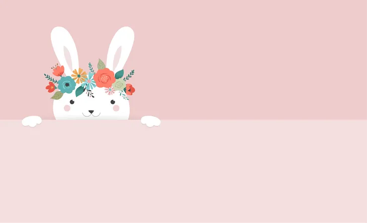 Happy Easter Card Template Cute Bunny With Flower Crown Vector Illustration Illustration