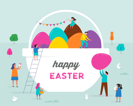 Happy Easter scene with families, kids Illustration