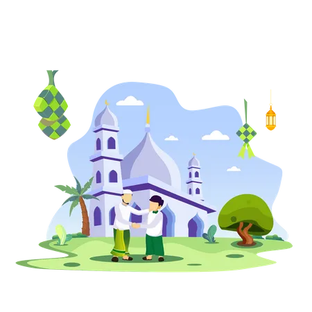 Happy Muslim People Celebrate Eid Mubarak By Shaking Hands In The Front Of Mosque Vector Illustration Flat Vector Template Style Suitable For Web Landing Page Background Illustration