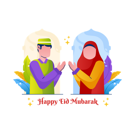 Happy Eid Mubarak greeting by Muslim couple Illustration