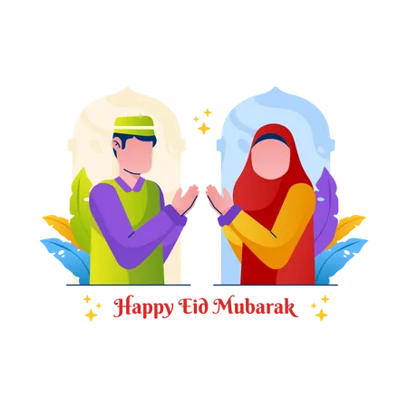 Happy Eid Mubarak greeting by Muslim couple  Illustration