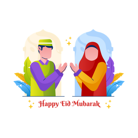 Happy Eid Mubarak greeting by Muslim couple  Illustration