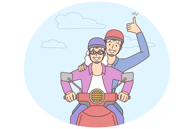 Happy elderly couple driving on motorbike  Illustration