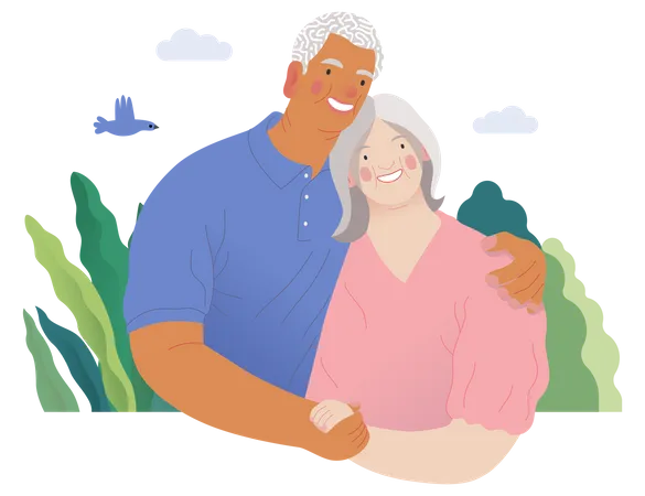 Happy Elderly Couple Hugging Illustration