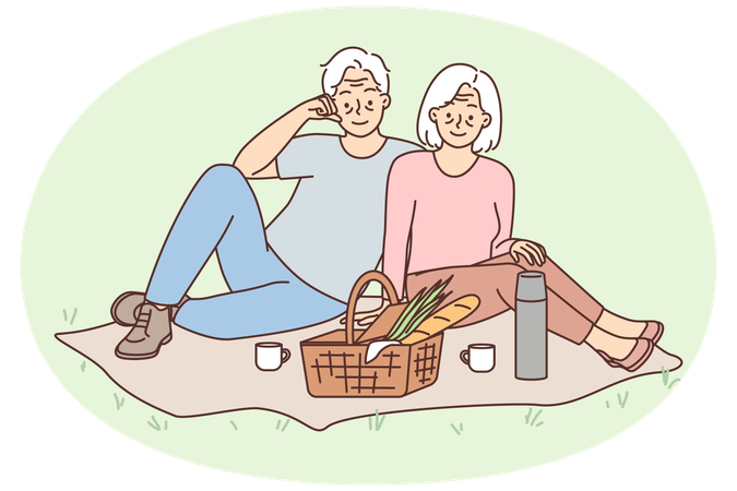 幸せな老夫婦が屋外でピクニックに座り、成熟を楽しむ  イラスト
