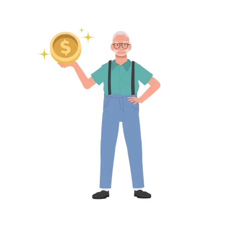 Happy Elderly man Holding Coin  Illustration