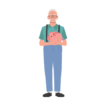 Happy Elderly man Holding Piggy Bank  イラスト