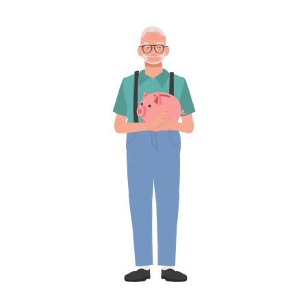 Happy Elderly man Holding Piggy Bank  Illustration