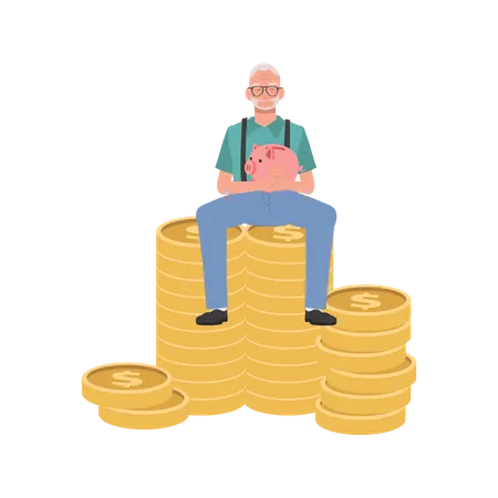 Happy Elderly man Holding Piggy Bank Sitting on Coin Stack  Illustration