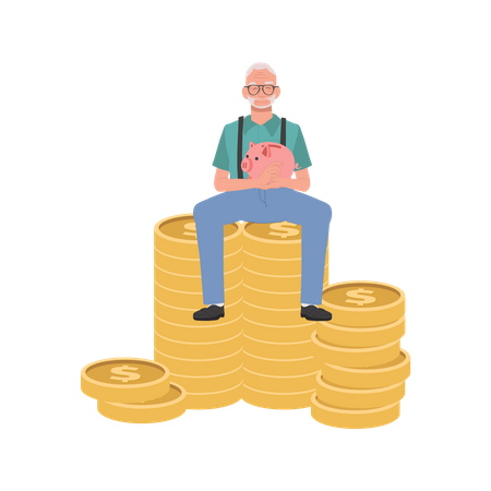 Happy Elderly man Holding Piggy Bank Sitting on Coin Stack  Illustration