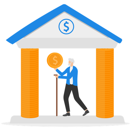 Happy elderly Man standing under roof of reliable pension fund  Illustration