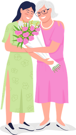 Happy elderly mother with adult daughter Illustration