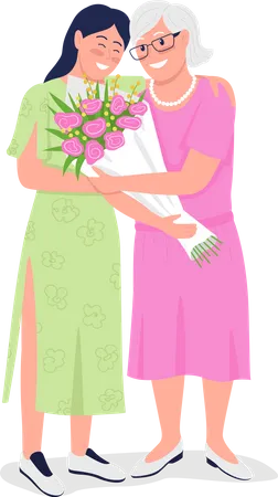 Happy elderly mother with adult daughter Illustration