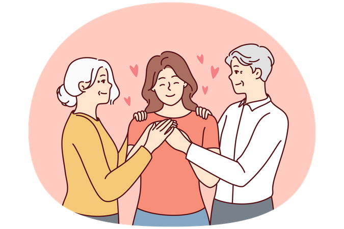 Happy elderly parents hugging grownup daughter  Illustration