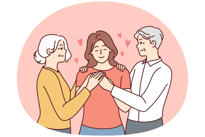 Happy elderly parents hugging grownup daughter  Illustration