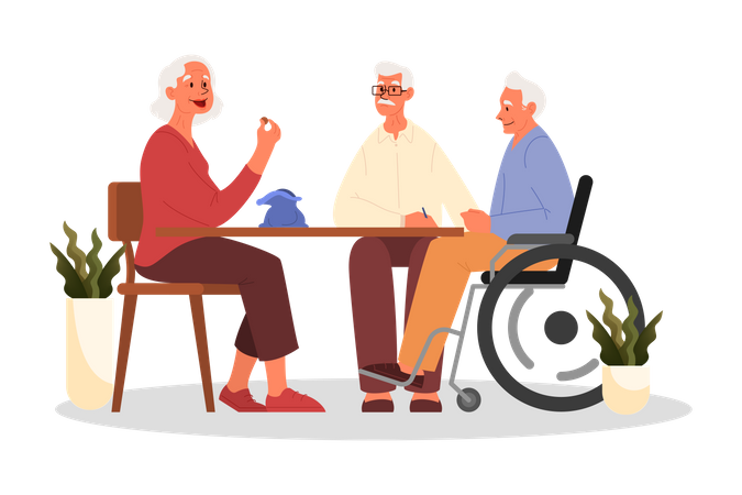 Happy elderly playing bingo together  イラスト