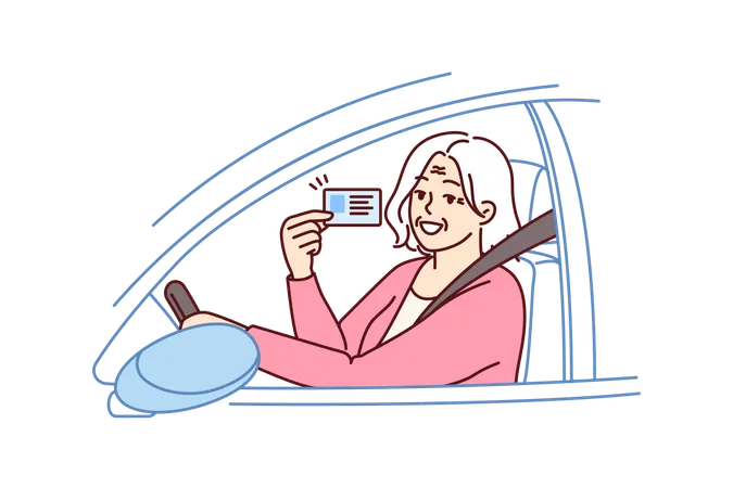 Happy elderly woman demonstrates driver license for road trip sitting behind wheel of car  Illustration