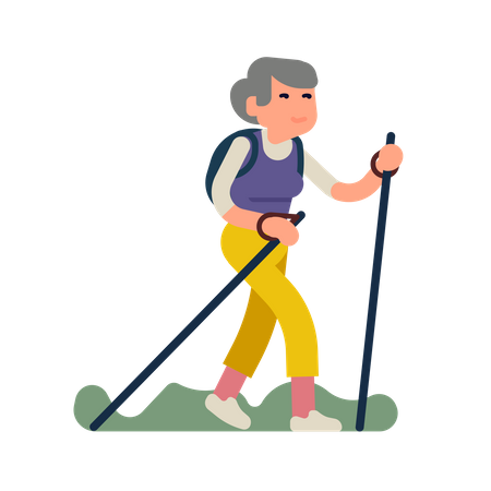 Happy elderly woman having a long walk with walking sticks hiking or trekking  Illustration