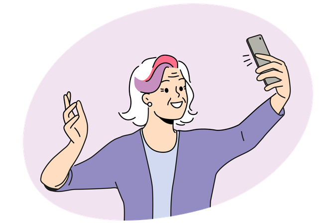 Happy elderly woman make selfie on cellphone  Illustration
