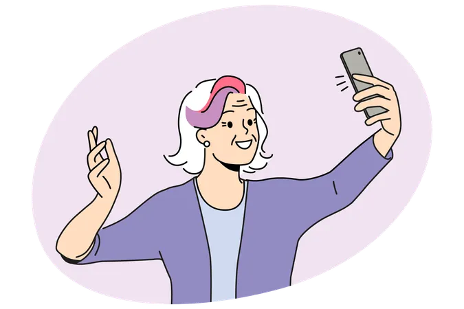 Happy elderly woman make selfie on cellphone  Illustration