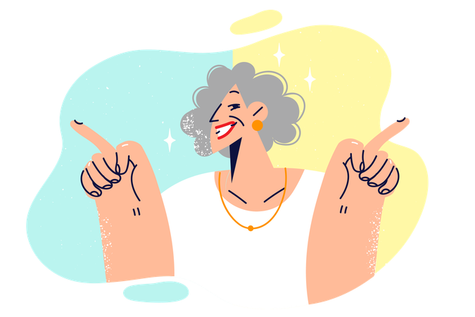 Happy elderly woman points fingers in directions and smiles urging to lead active lifestyle  イラスト