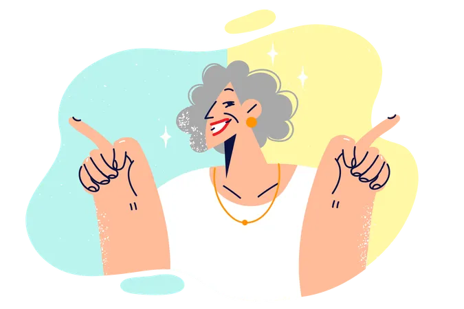 Happy elderly woman points fingers in directions and smiles urging to lead active lifestyle  Illustration