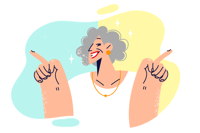 Happy elderly woman points fingers in directions and smiles urging to lead active lifestyle  일러스트레이션
