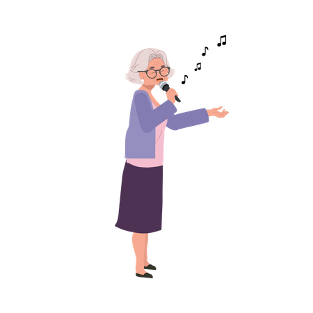 Happy Elderly Woman Singing,  Active Senior Citizen Enjoys Expressive Karaoke  Illustration