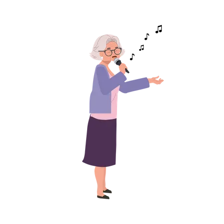 Happy Elderly Woman Singing,  Active Senior Citizen Enjoys Expressive Karaoke  Illustration