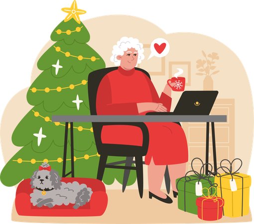 Happy elderly woman talking with relatives on a laptop  Illustration