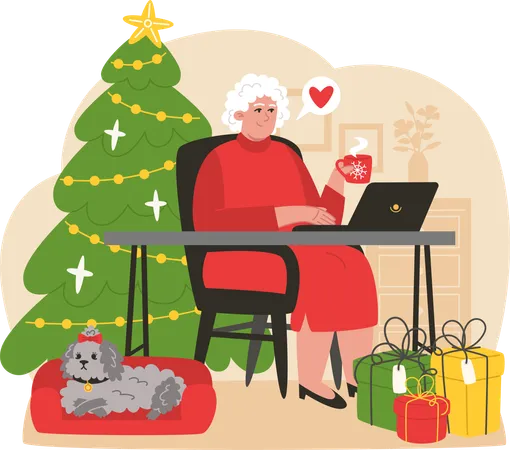 Happy elderly woman talking with relatives on a laptop  Illustration