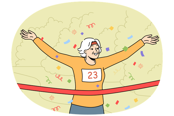 Happy elderly woman win running race  Illustration