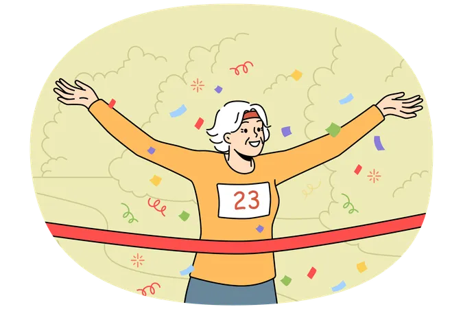 Happy elderly woman win running race  Illustration