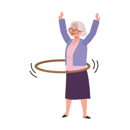 Senior Lifestyle Enjoyment Concept Happy Elderly Woman With Hula Hoop Granny Enjoying Fun Hula Hoop Game Illustration