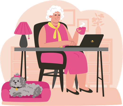 Happy elderly woman works on the laptop  Illustration