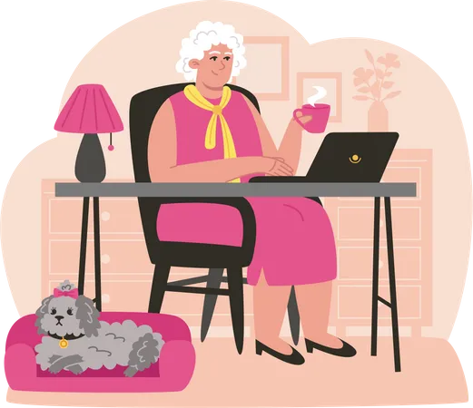 Happy elderly woman works on the laptop  Illustration